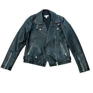 Topshop Womens Faux Leather Motorcycle Biker Jacket Size US 4 Black Edgy Zippers